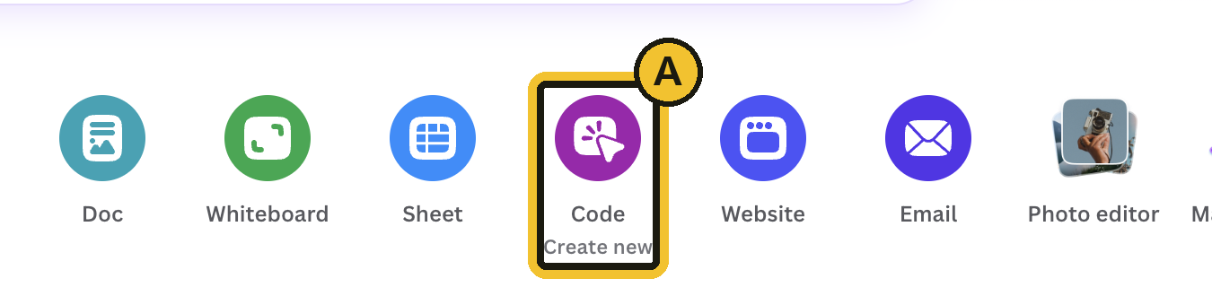 Laman utama Canva dengan ikon Code ditanda