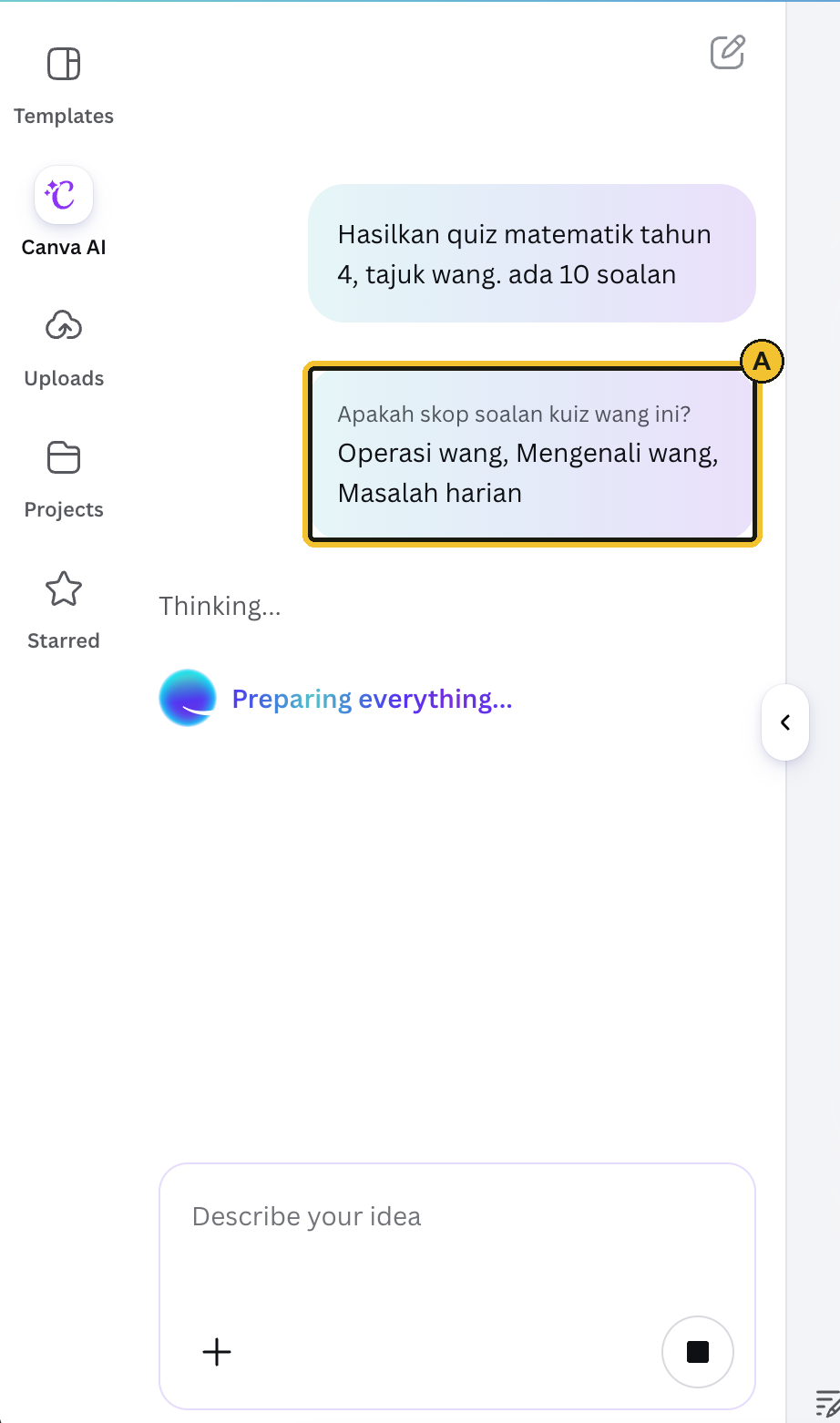 Chat Canva AI bertanya skop soalan kuiz, jawapan guru ditanda