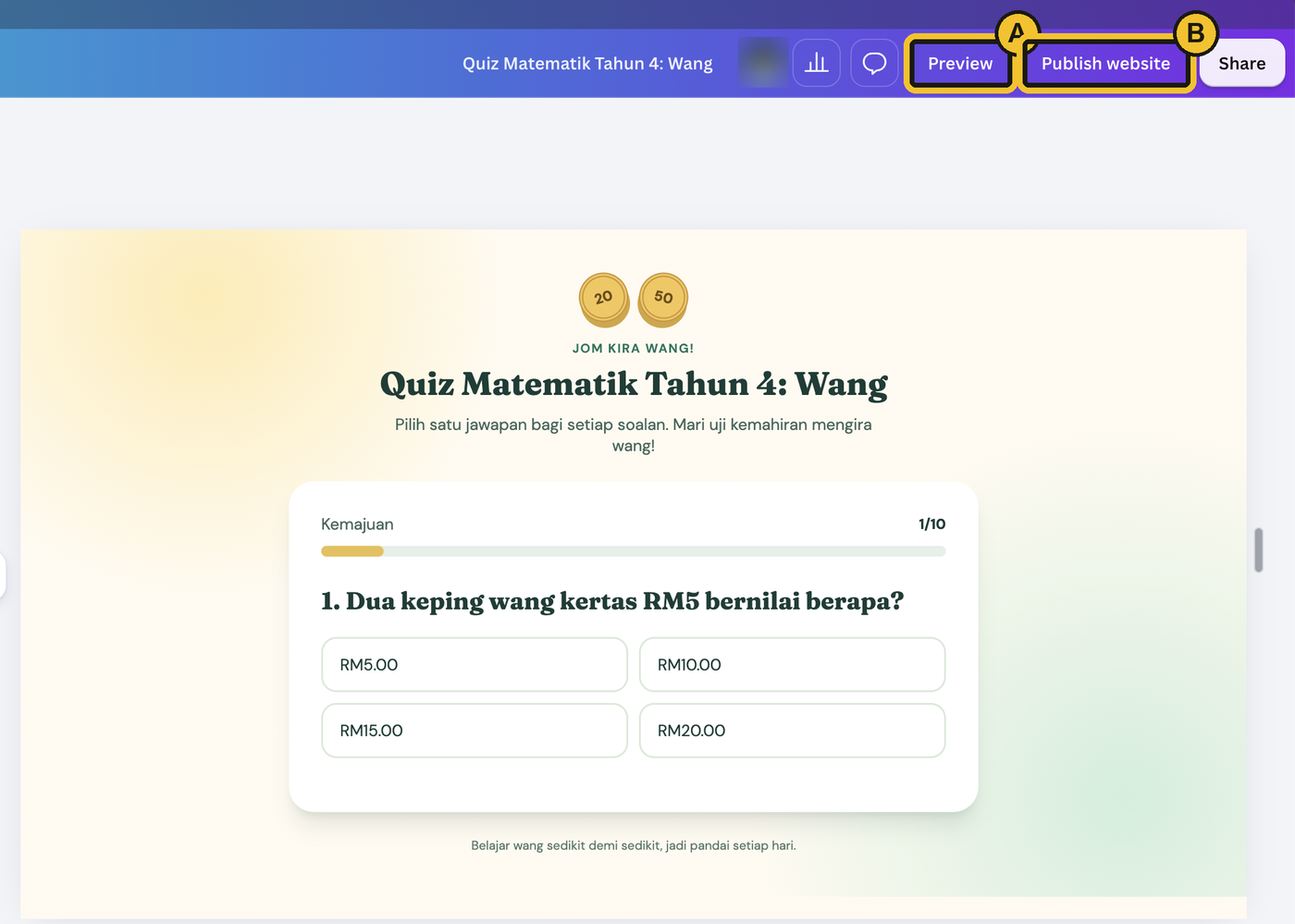 Game kuiz siap dalam editor Canva, butang Preview dan Publish website ditanda