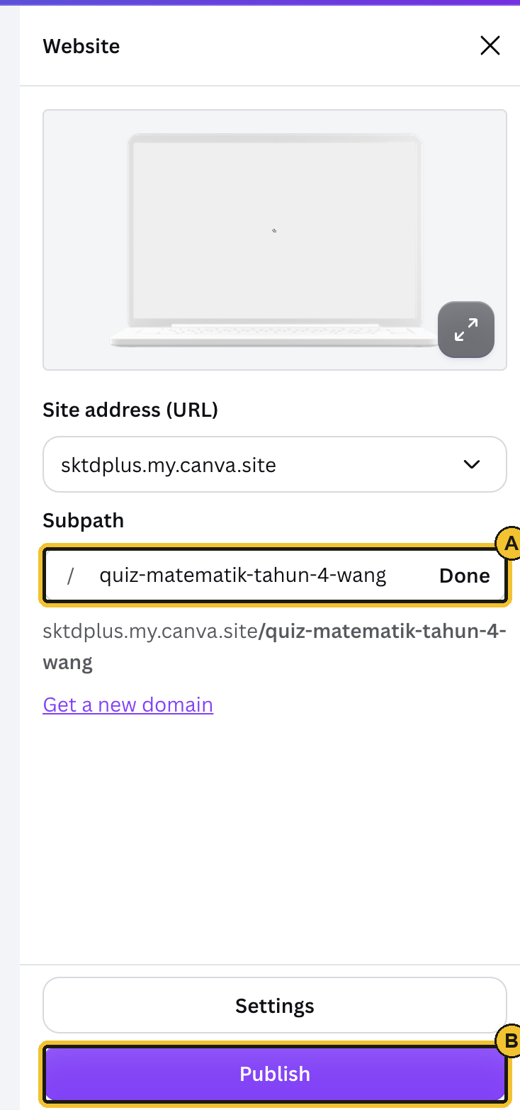 Panel Website: medan Subpath dan butang Publish ditanda