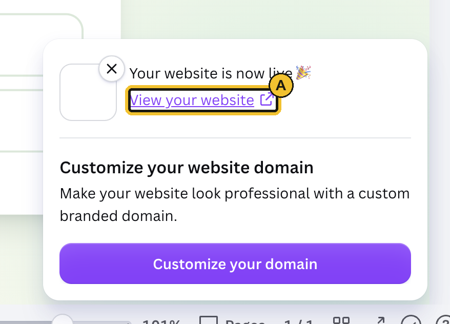 Mesej Your website is now live dengan pautan View your website ditanda