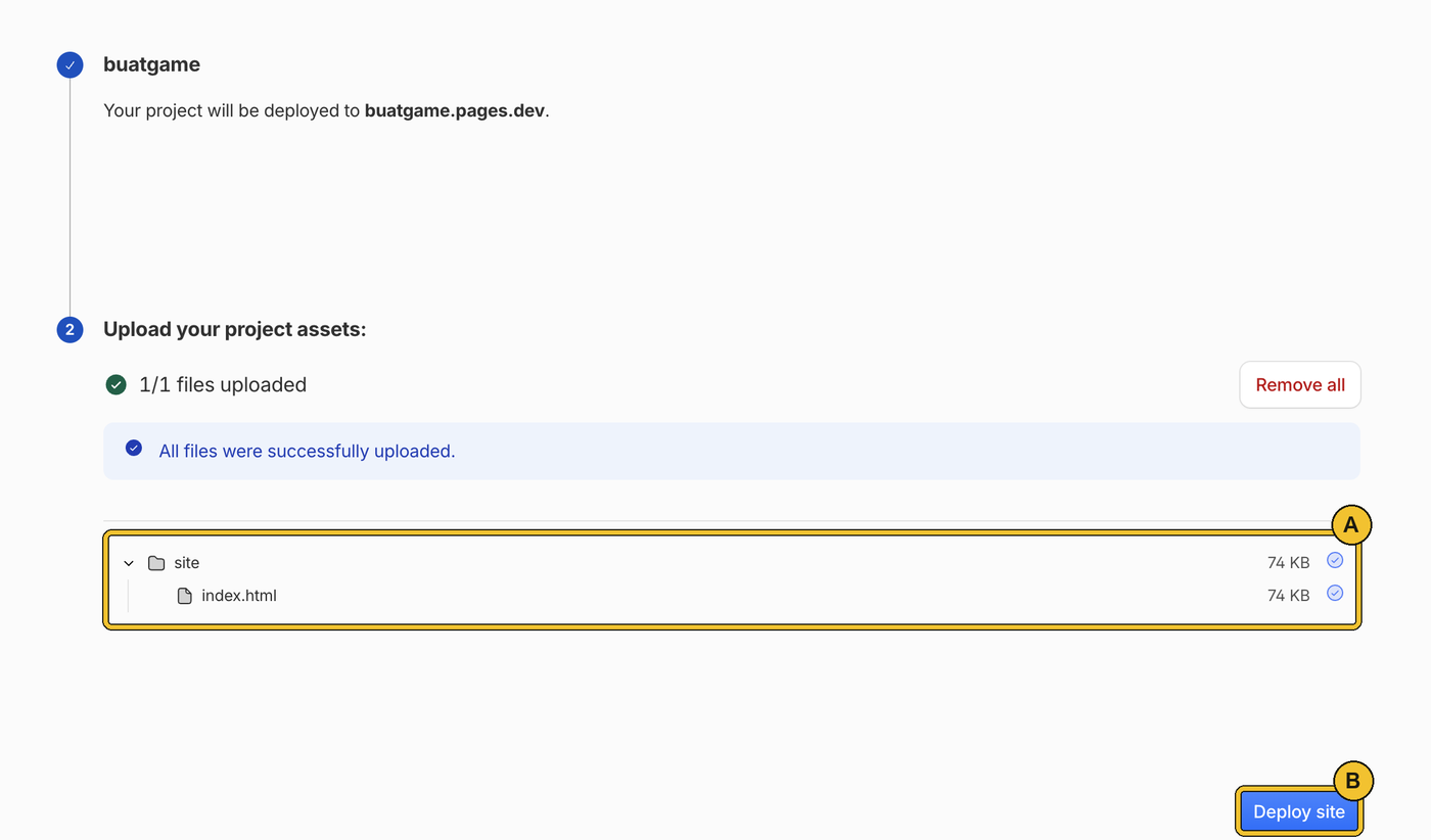 Fail berjaya dimuat naik: folder site dengan index.html, dan butang Deploy site ditanda